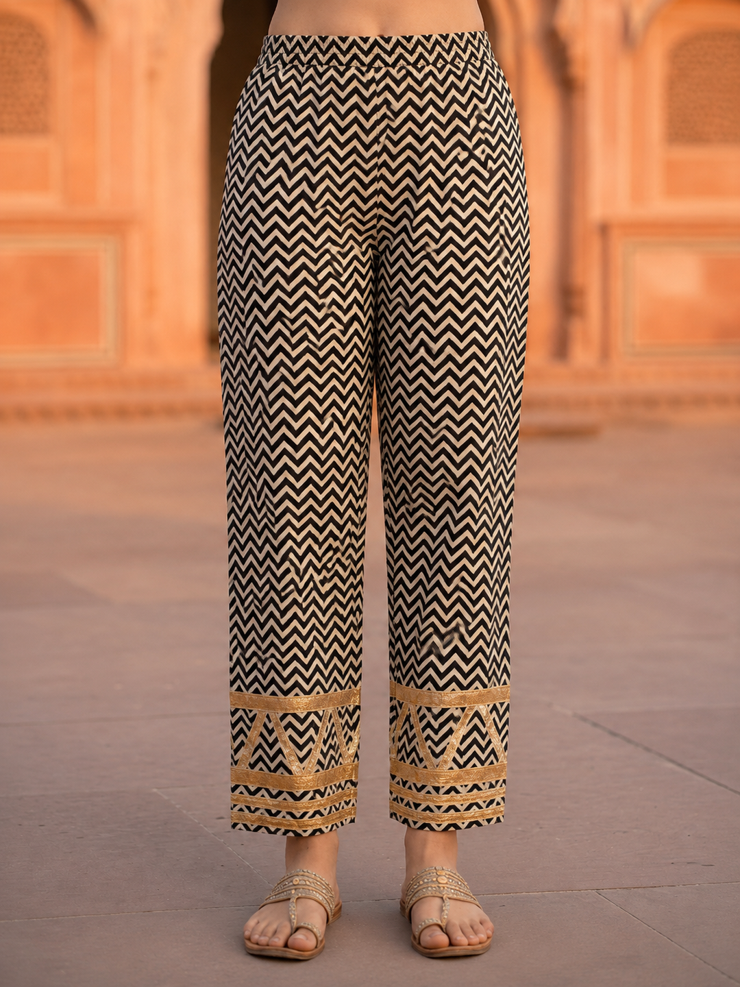 White Solid Cotton A-Line Paneled Kurta Set with Gota Work, Round Neck & Chevron Printed Salwar