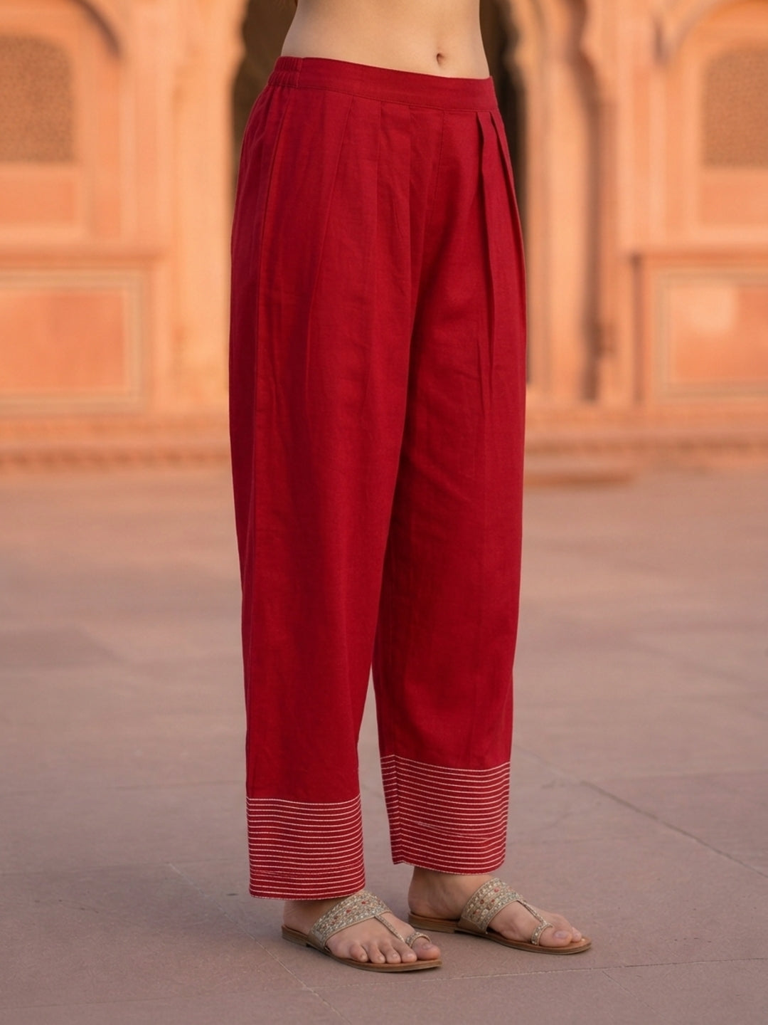 Red Solid Shantoon Straight Short Kurta Set with Loop Detail, Back Tie-Up & Farshi Salwar
