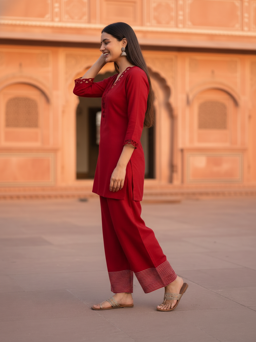 Red Solid Shantoon Straight Short Kurta Set with Loop Detail, Back Tie-Up & Farshi Salwar
