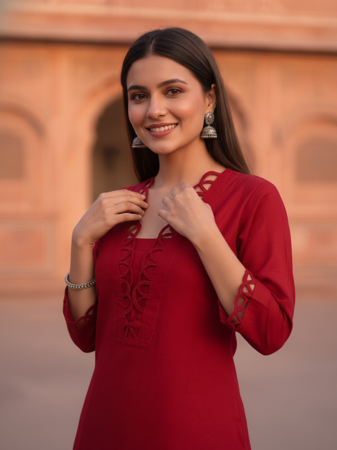Red Solid Shantoon Straight Short Kurta Set with Loop Detail, Back Tie-Up & Farshi Salwar