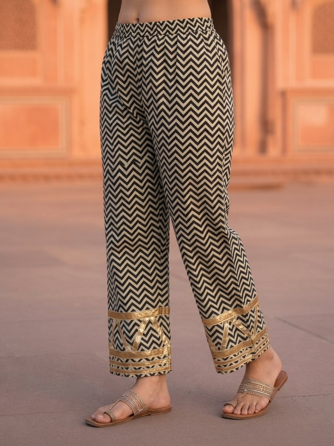 Maroon Solid Cotton A-Line Paneled Kurta Set with Gota Work, Round Neck & Chevron Printed Salwar