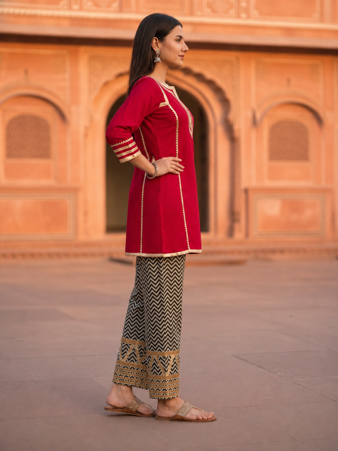 Maroon Solid Cotton A-Line Paneled Kurta Set with Gota Work, Round Neck & Chevron Printed Salwar