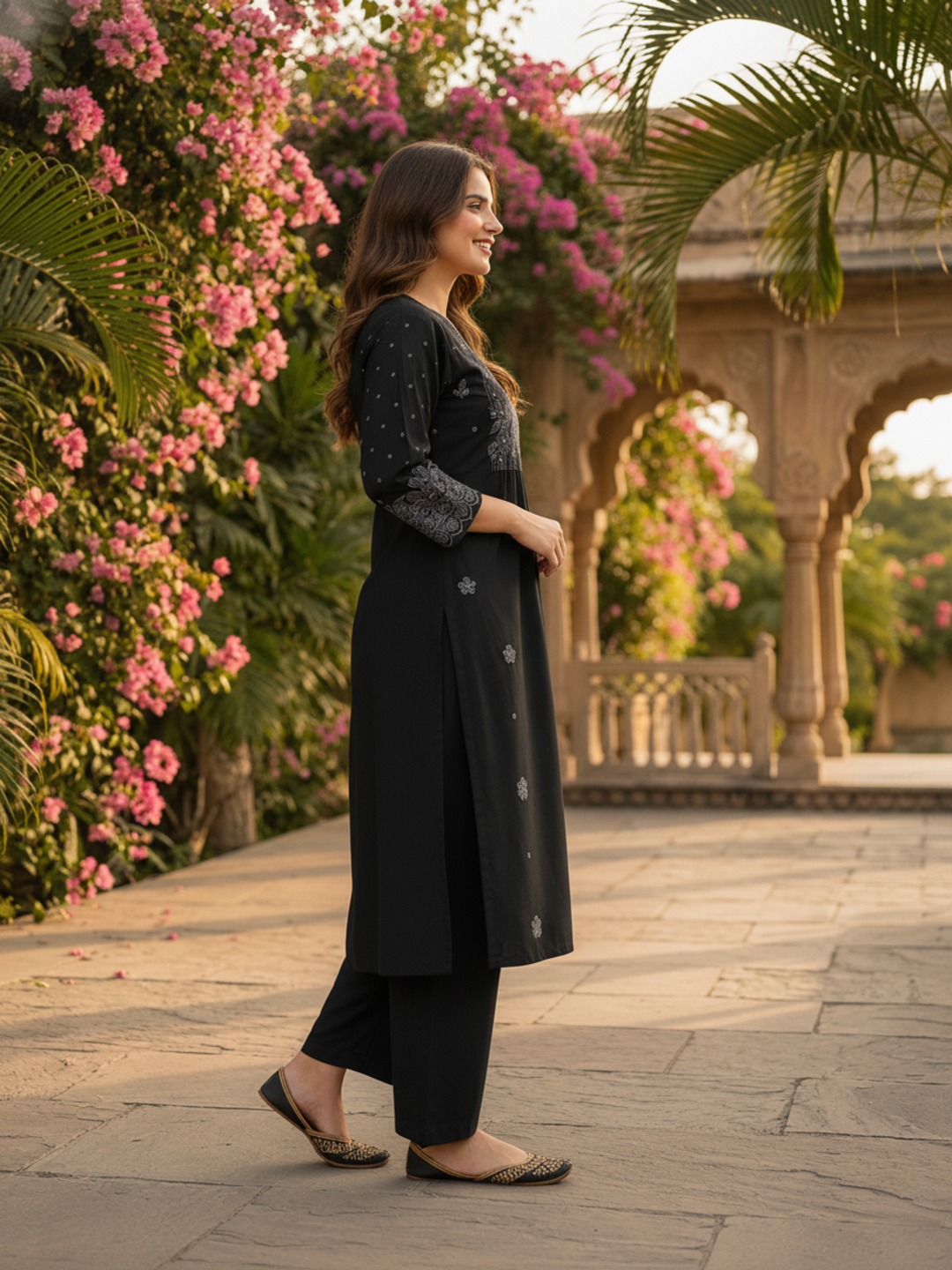 Charcoal Black Solid Cotton A-Line Pleated Kurta Set with Floral Embroidery, Bead & Sequin Work, Palazzo