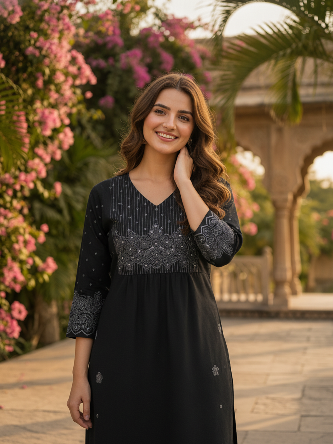 Charcoal Black Solid Cotton A-Line Pleated Kurta Set with Floral Embroidery, Bead & Sequin Work, Palazzo
