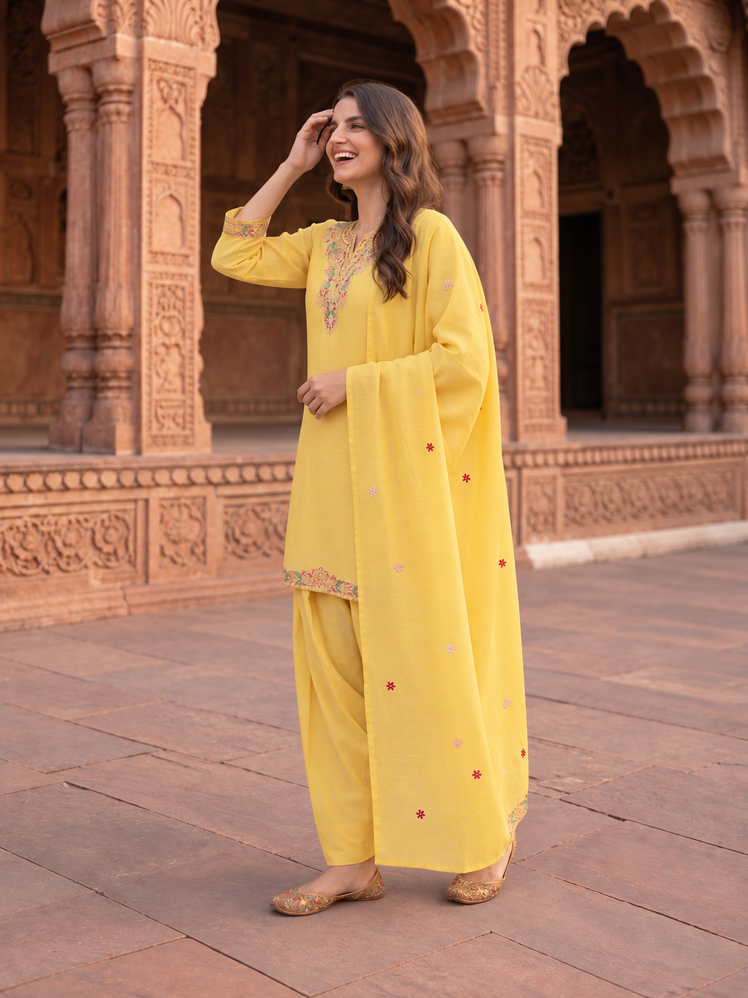 Butter Yellow Solid Chanderi Silk Straight Kurta Set with Floral Thread Embroidery, Sequin Highlights, Salwar & Embroidered Dupatta