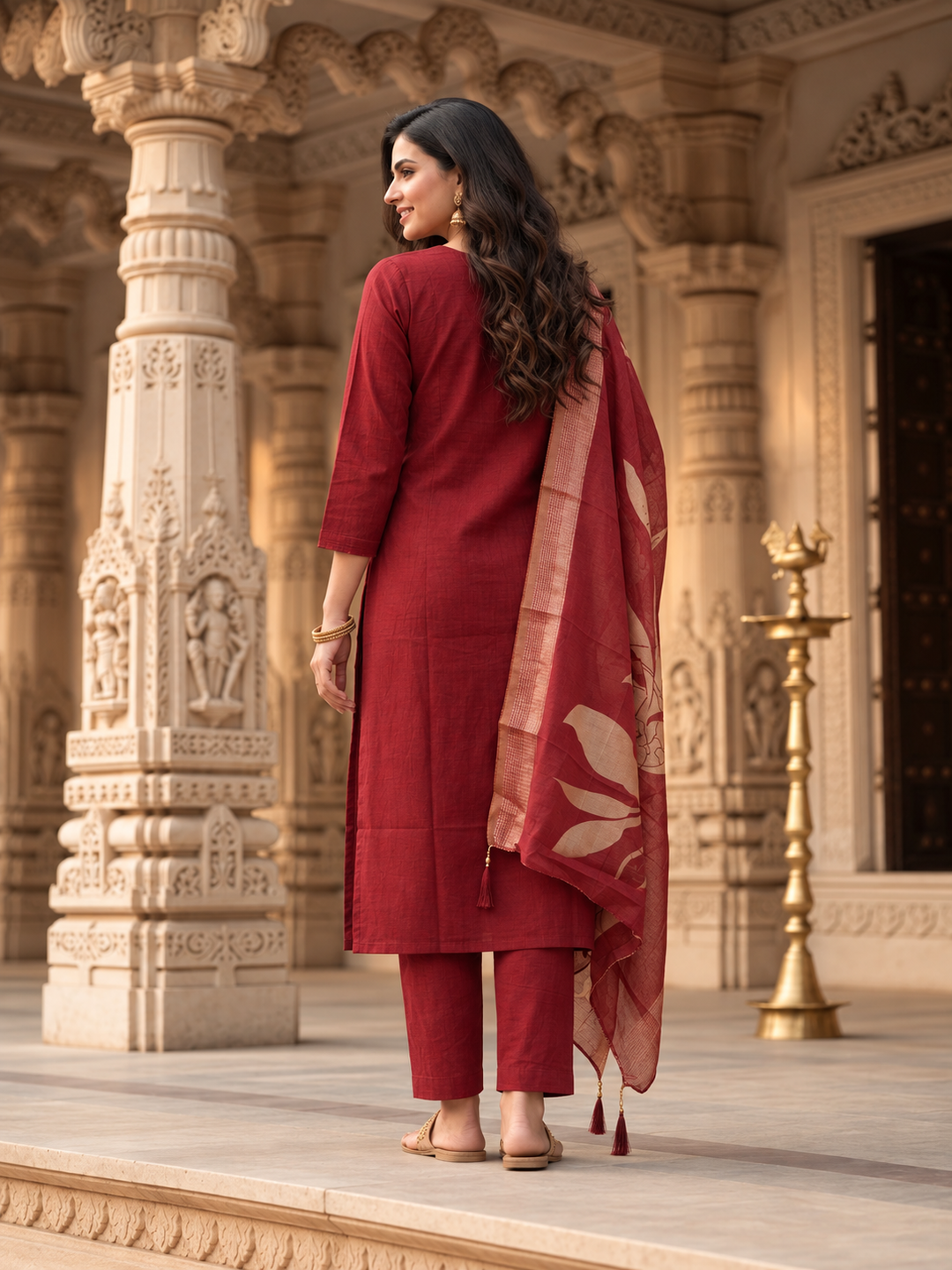 Maroon Solid Muslin Silk Straight Kurta Set with Mirror Work, V-Neck, Pant & Printed Poly Chanderi Dupatta with Tassels