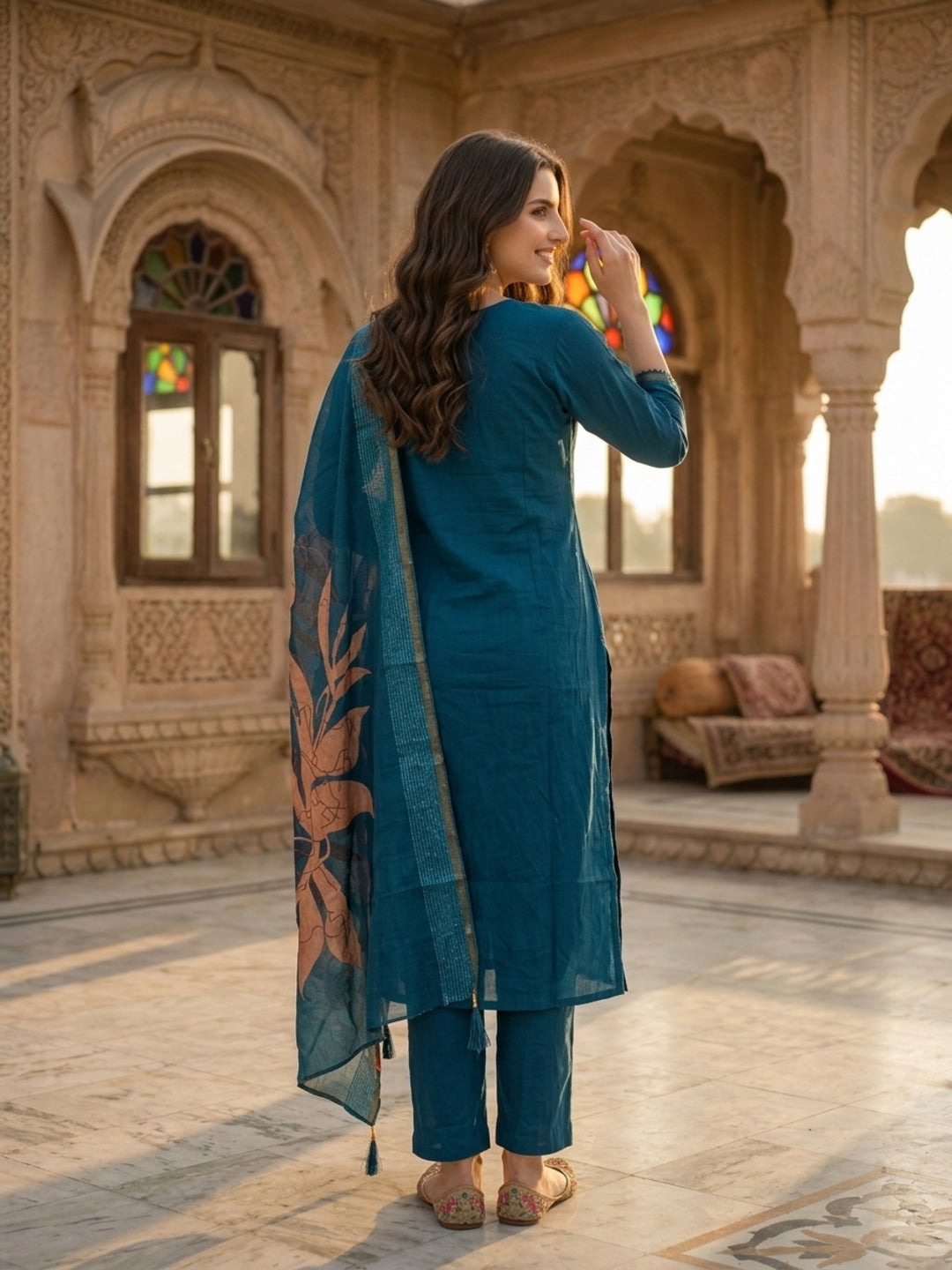 Steel Blue Solid Muslin Silk Straight Kurta Set with Mirror Work, Hand Embroidery, V-Neck, Pant & Printed Poly Chanderi Dupatta
