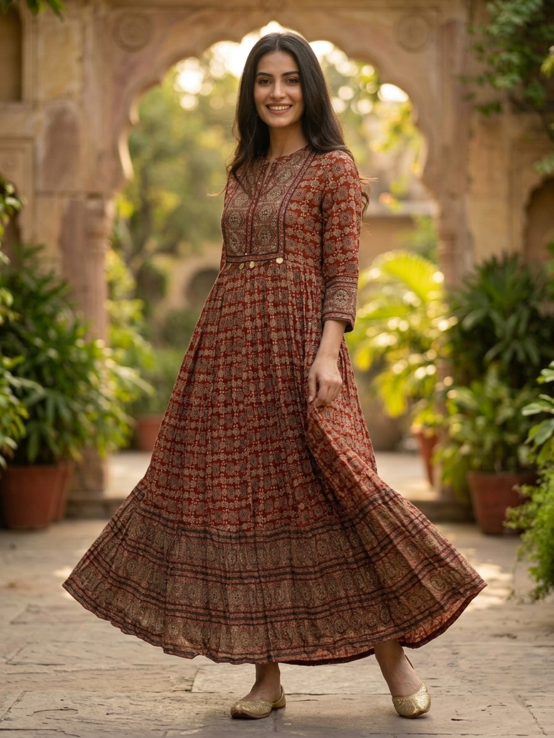 Maroon Ethnic Floral Print Cotton A-Line Pleated Maxi Dress with Hand Embroidery, Beads & Sequin Work