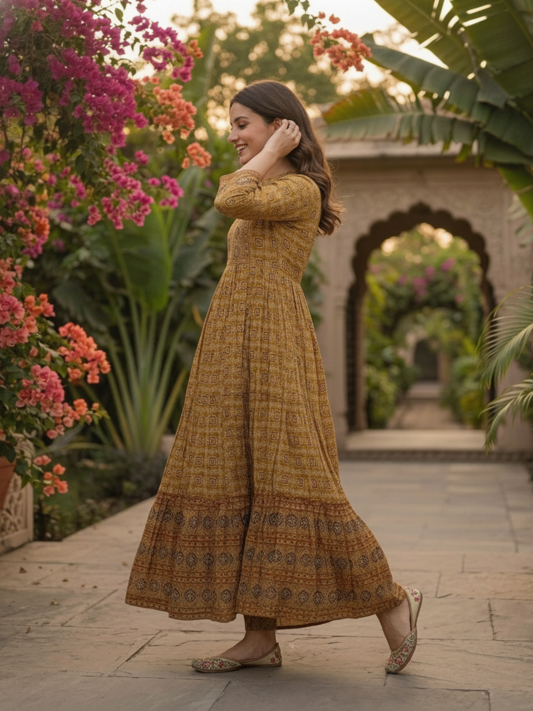 Mustard Yellow Ethnic Floral Print Cotton A-Line Pleated Maxi Dress with Hand Embroidery, Beads & Sequin Work