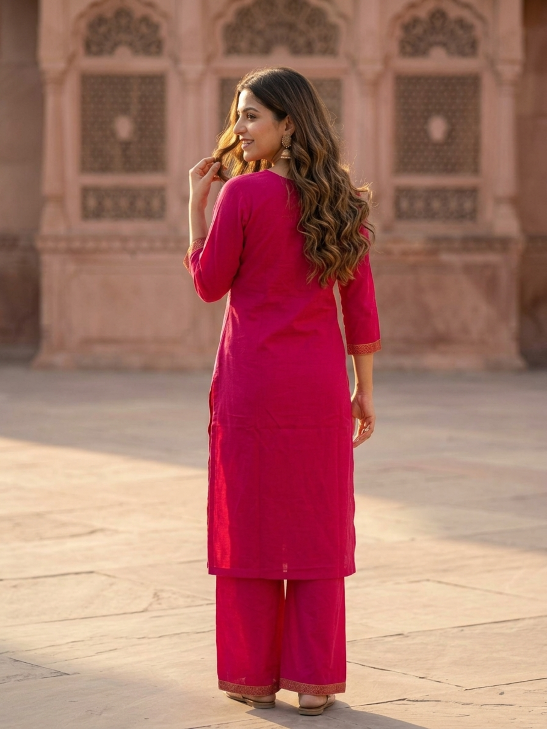 Magenta Solid Cotton Straight Kurta Set with Ethnic Embroidery, Flared Palazzo & Embroidered Dupatta