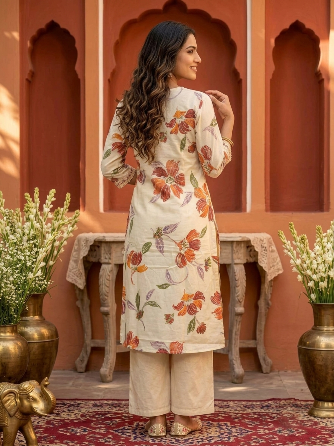Cream Floral Print Cotton A-Line Pleated Kurta Set with Mirror Work, Embroidery, Pant & Embroidered Dupatta