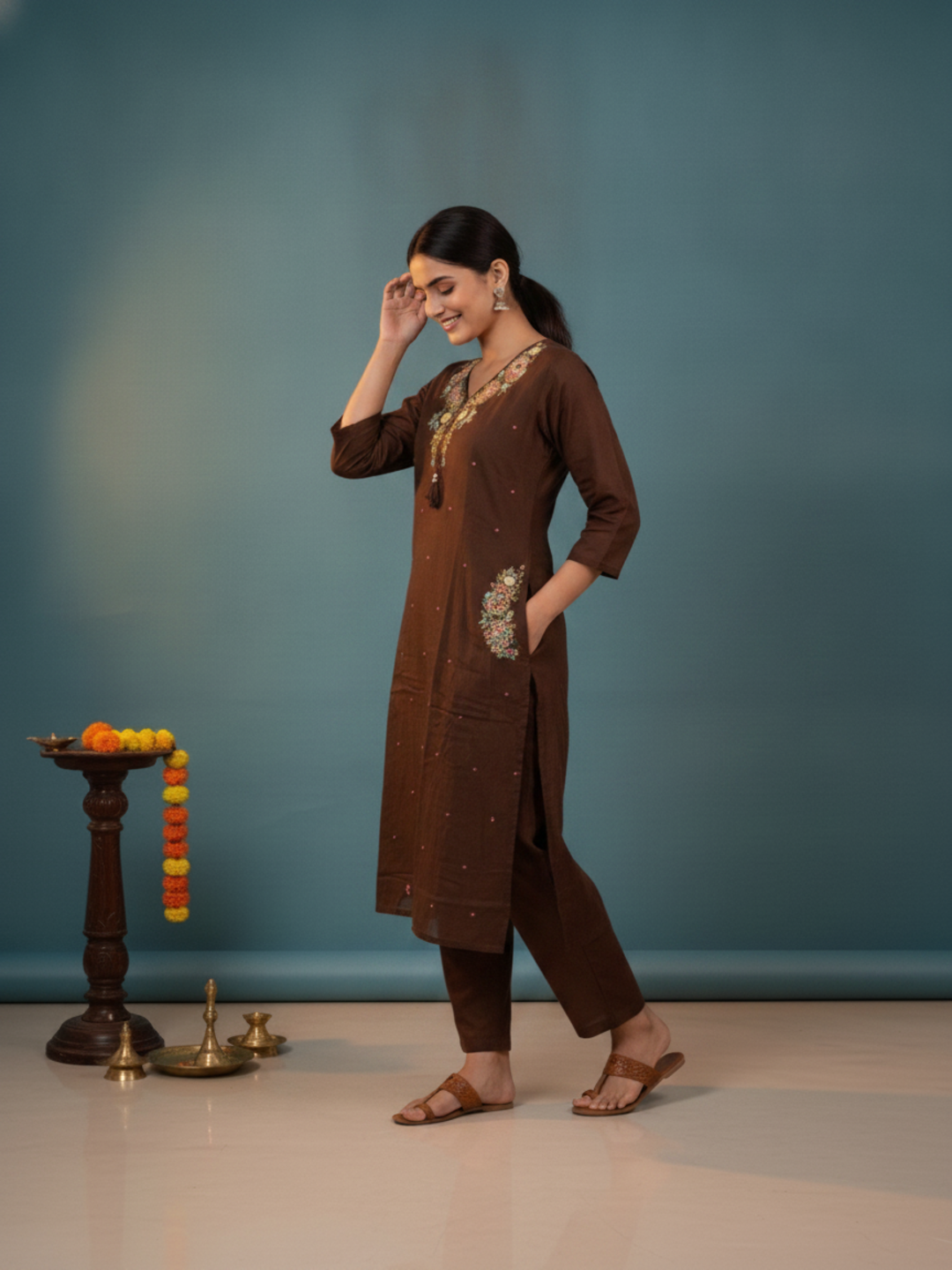 Dark Brown Solid Cotton A-Line Kurta Set with Floral Mirror Embroidery, V-Neck, Pant & Embroidered Dupatta