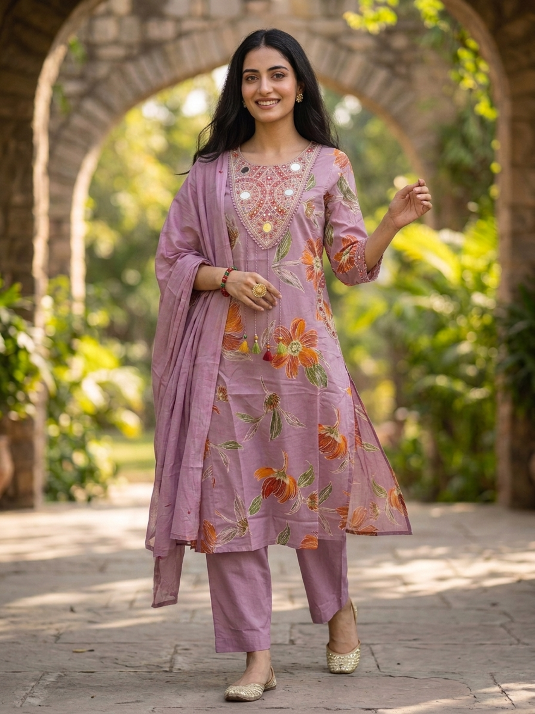 Lavender Floral Print Cotton A-Line Pleated Kurta Set with Mirror Work, Embroidery, Pant & Embroidered Dupatta