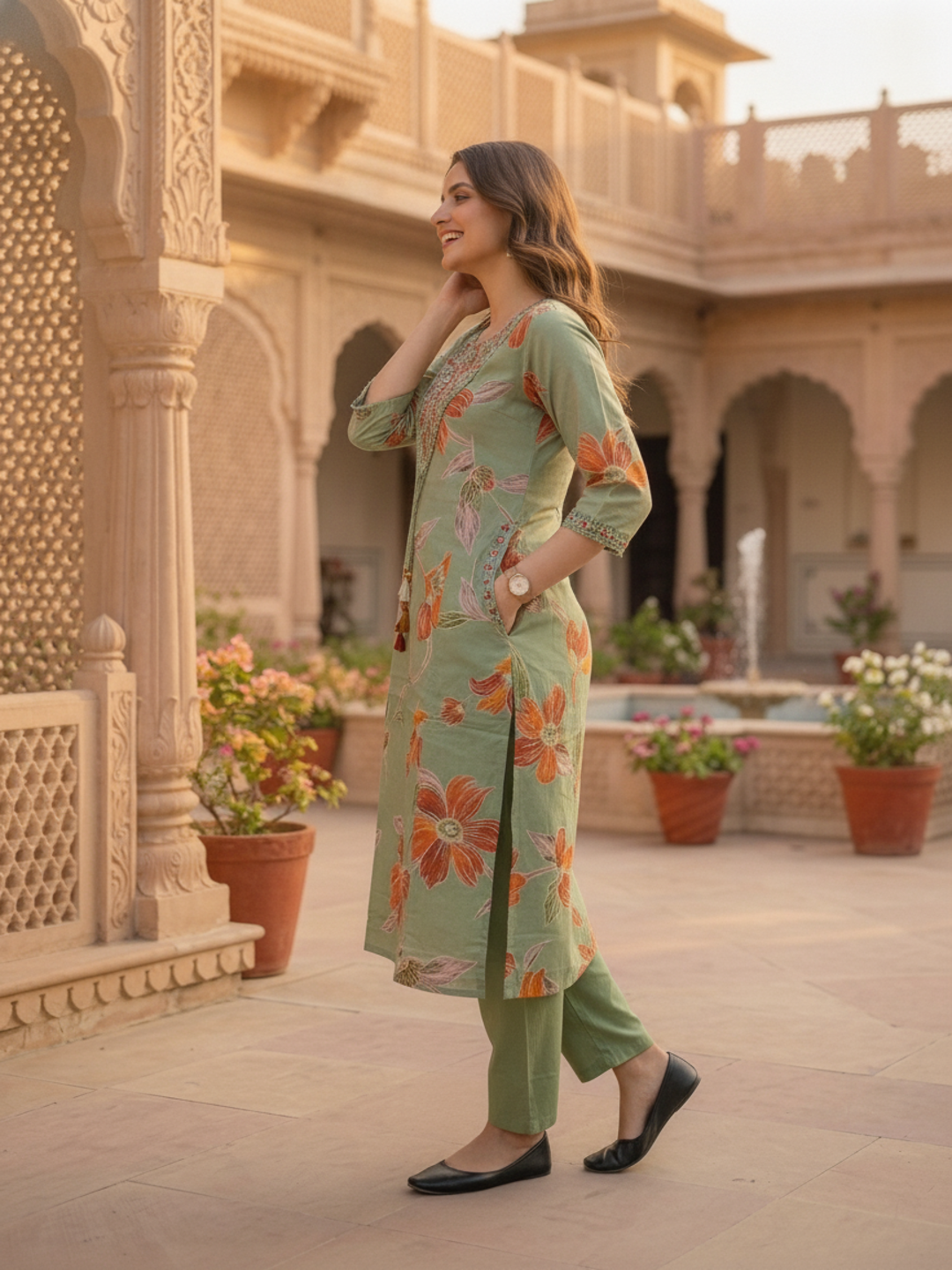 Sage Green Floral Print Cotton A-Line Pleated Kurta Set with Mirror Work, Embroidery, Pant & Embroidered Dupatta