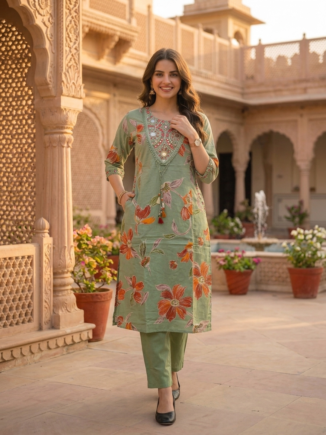 Sage Green Floral Print Cotton A-Line Pleated Kurta Set with Mirror Work, Embroidery, Pant & Embroidered Dupatta