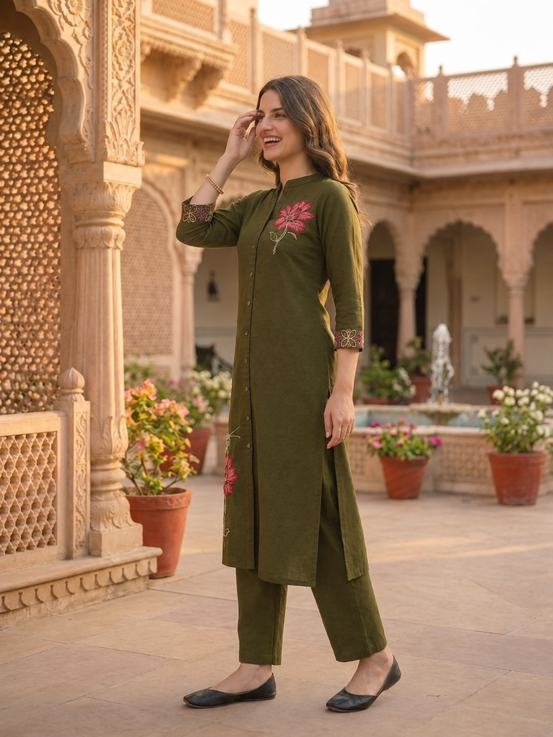 Olive Green Solid Cotton A-Line Co-ord Set with Floral Embroidery, Mandarin Collar & Palazzo