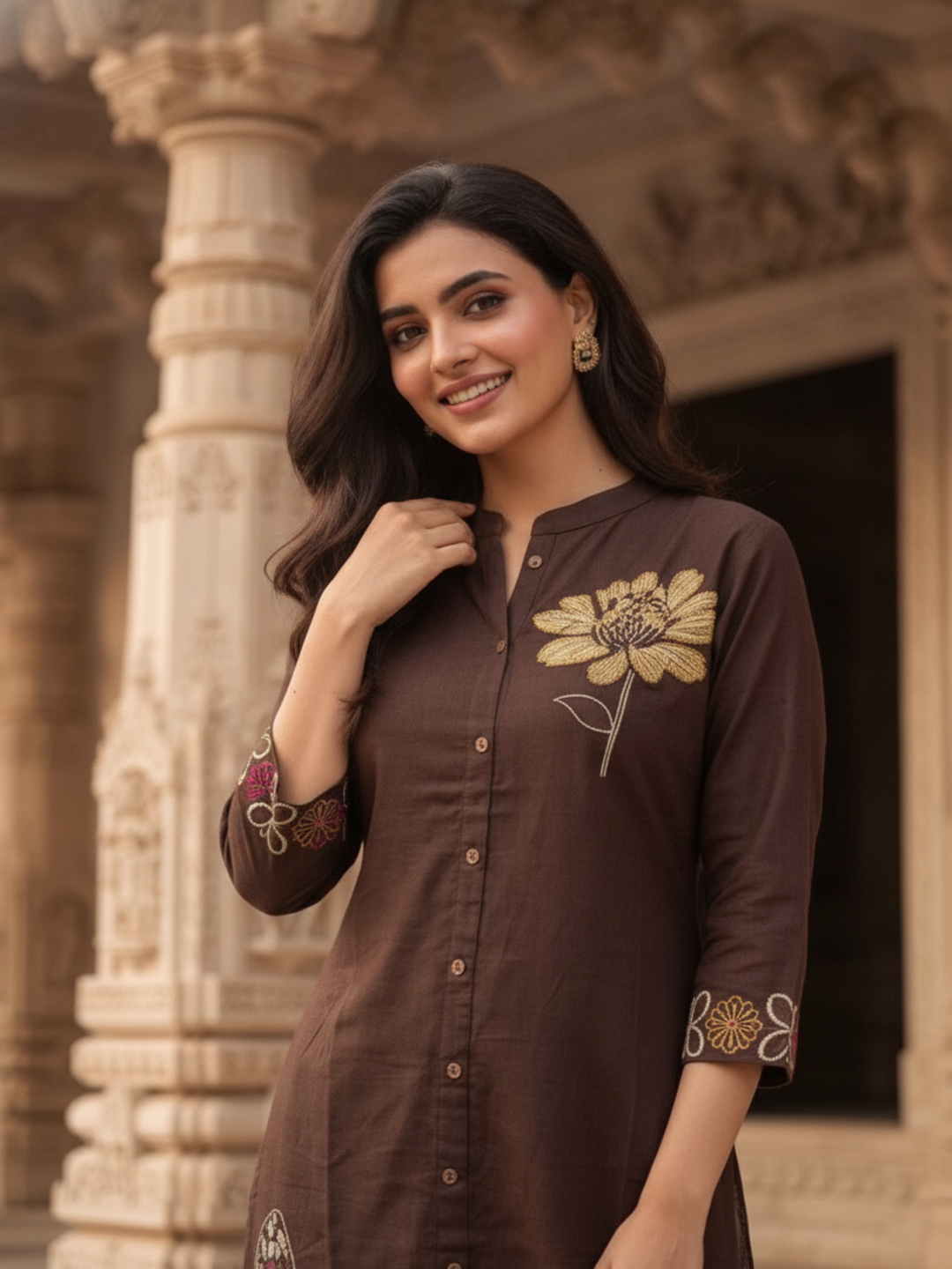 Coffee Brown Solid Cotton A-Line Co-ord Set with Floral Embroidery, Mandarin Collar & Palazzo