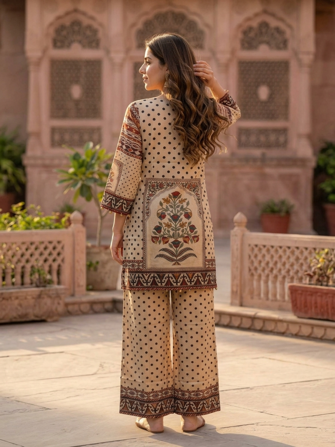 Multi Ethnic Floral Print Modal Silk A-Line Co-ord Set with Sequin Highlights, Round Neck & Cream Silk Blend Palazzo