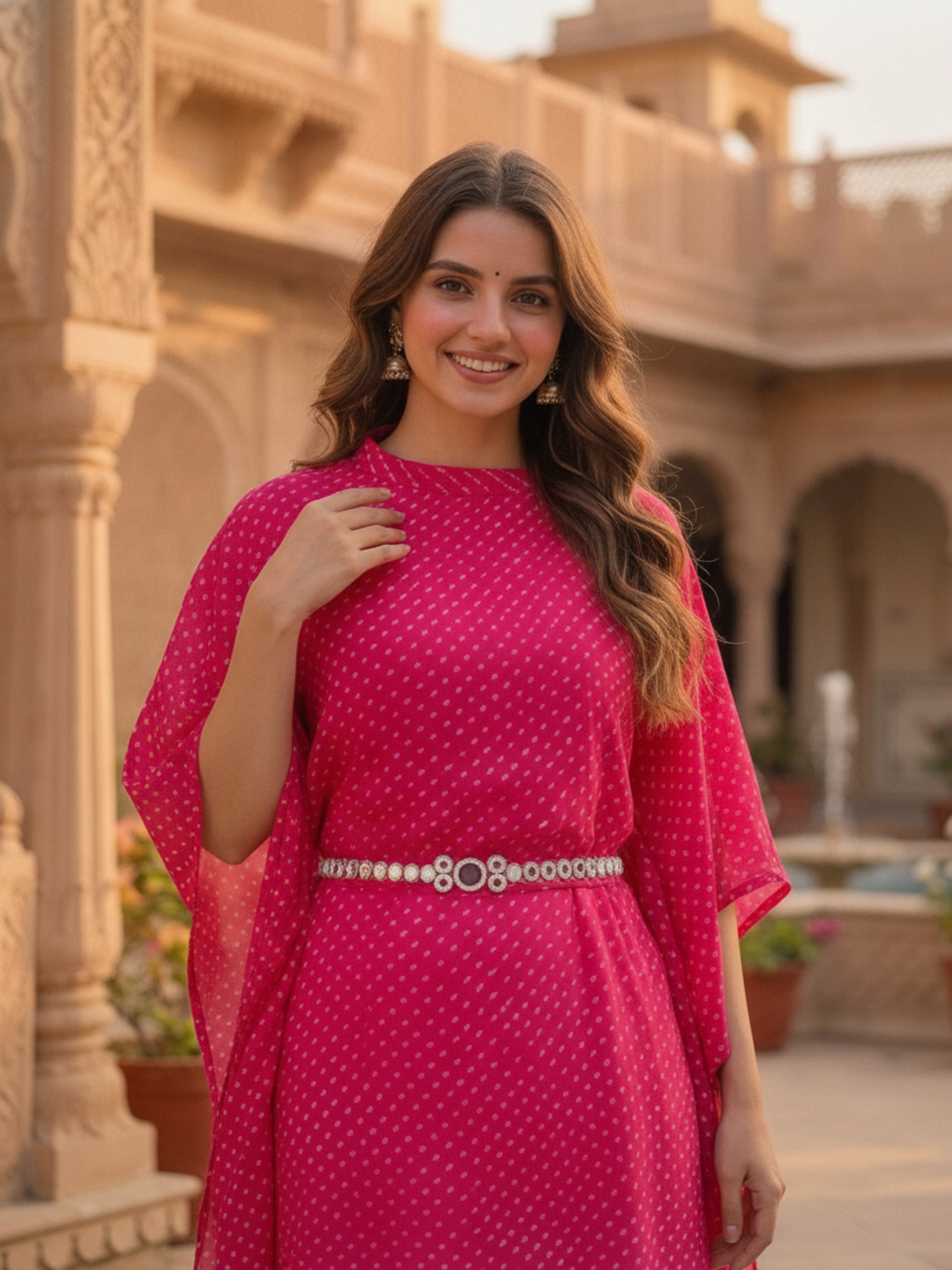 Rani Pink Leheriya Printed Georgette Kaftan Kurta with White Cotton Blend Palazzo & Solid Inner