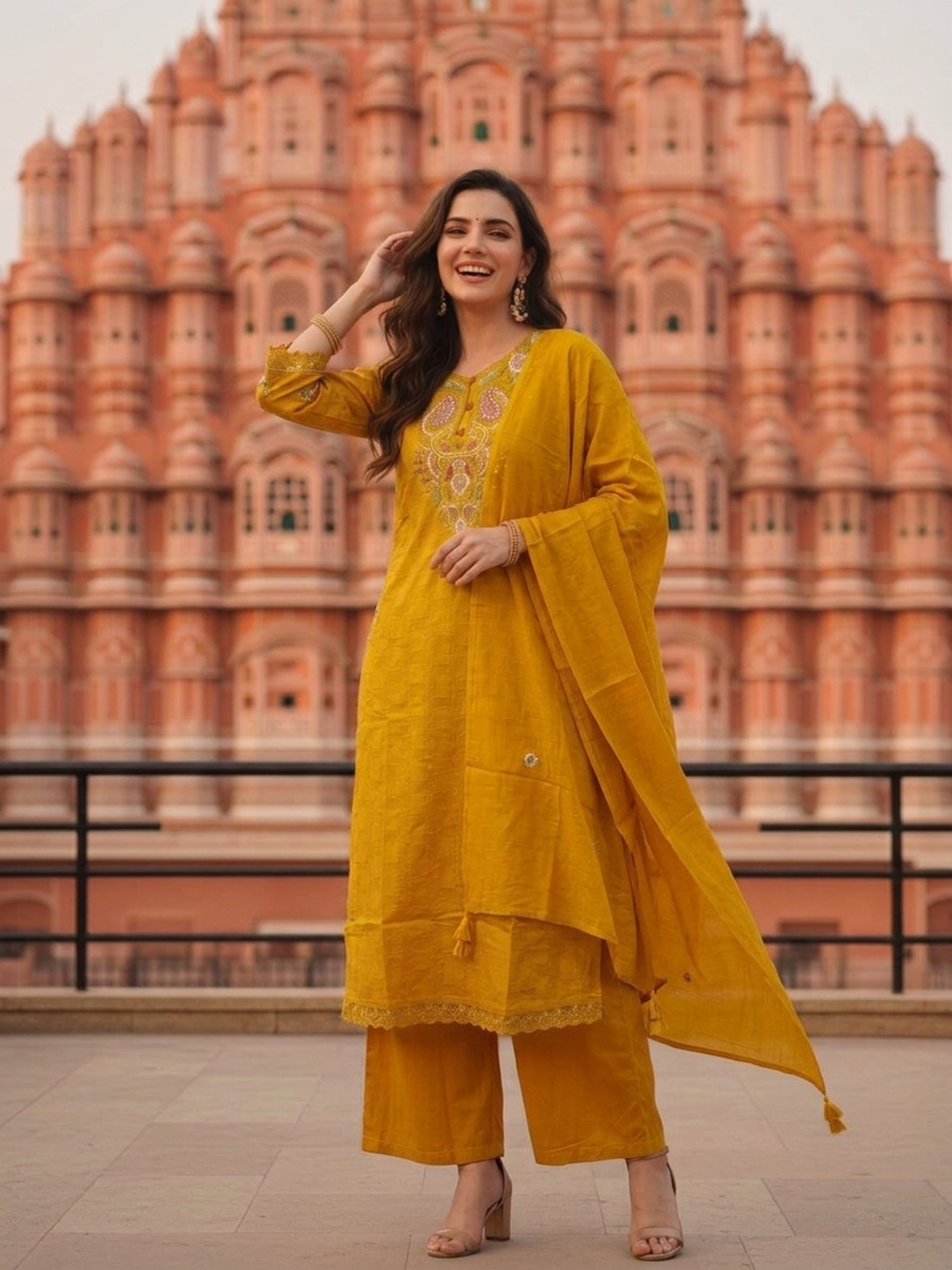 Mustard Yellow Solid Cotton A-Line Kurta Set with Floral Embroidery, Round Neck, Palazzo & Pure Cotton Tassel Dupatta