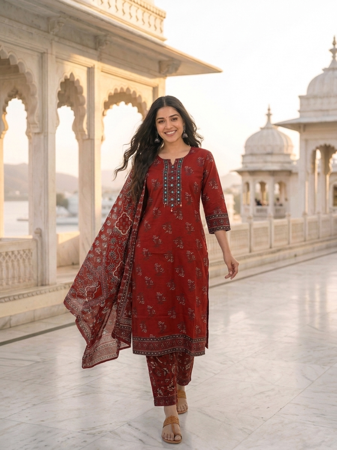 Maroon Floral Printed Cotton Straight Kurta Set with Mirror Work, Round Neck, Palazzo & Printed Cotton Blend Dupatta