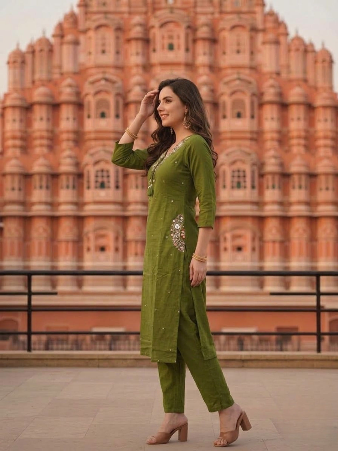 Olive Green Solid Cotton A-Line Kurta Set with Floral Mirror Embroidery, V-Neck, Pant & Pure Cotton Dupatta