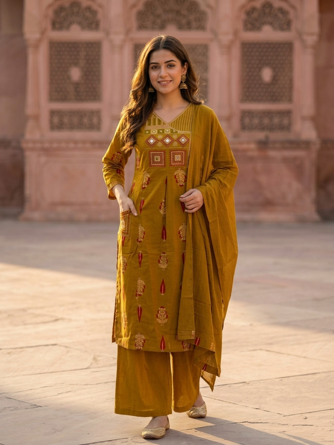 Mustard Ethnic Floral Printed Cotton A-Line Kurta Set with Mirror Work, Threadwork Embroidery, V-Neck, Palazzo & Pure Cotton Dupatta