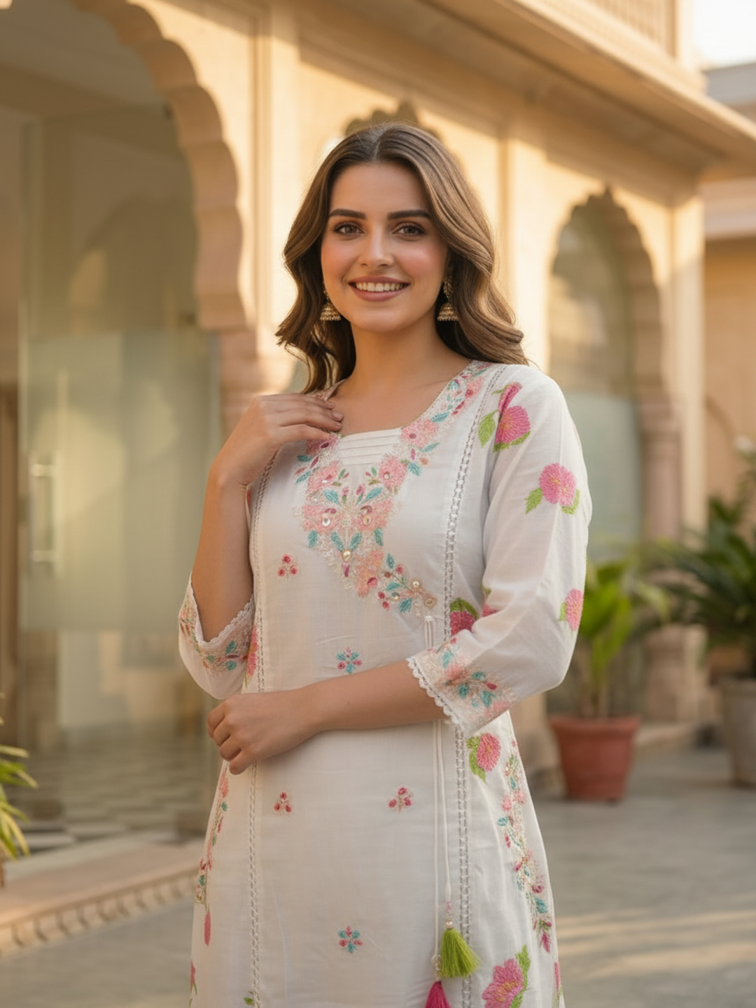 Off White Floral Printed Cotton A-Line Kurta Set with Mirror Work, Threadwork Embroidery, V-Neck, Trouser & Crochet Lace Pure Cotton Dupatta