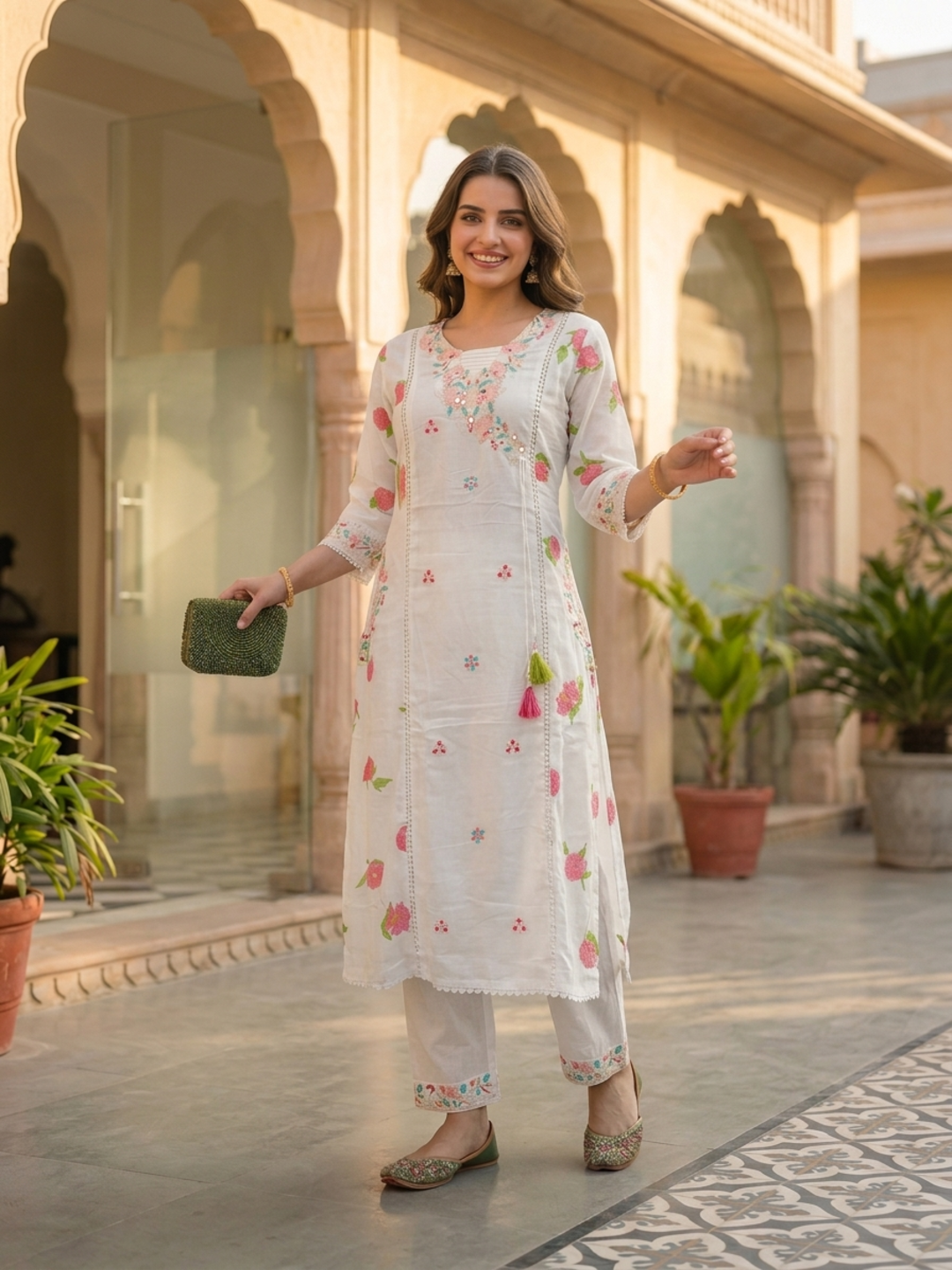 Off White Floral Printed Cotton A-Line Kurta Set with Mirror Work, Threadwork Embroidery, V-Neck, Trouser & Crochet Lace Pure Cotton Dupatta