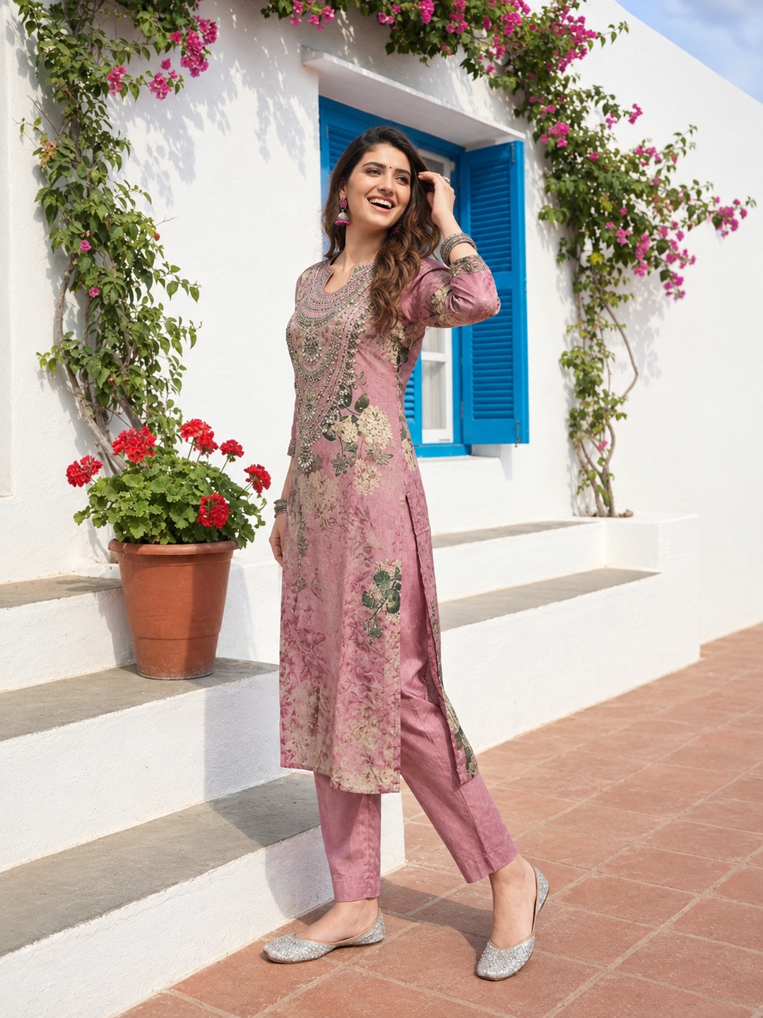 Rose Ethnic Floral Printed Crepe Straight Kurta Set with Embroidery, Bead & Stone Highlights, Round Neck, Shantoon Trouser & Printed Poly Crepe Dupatta