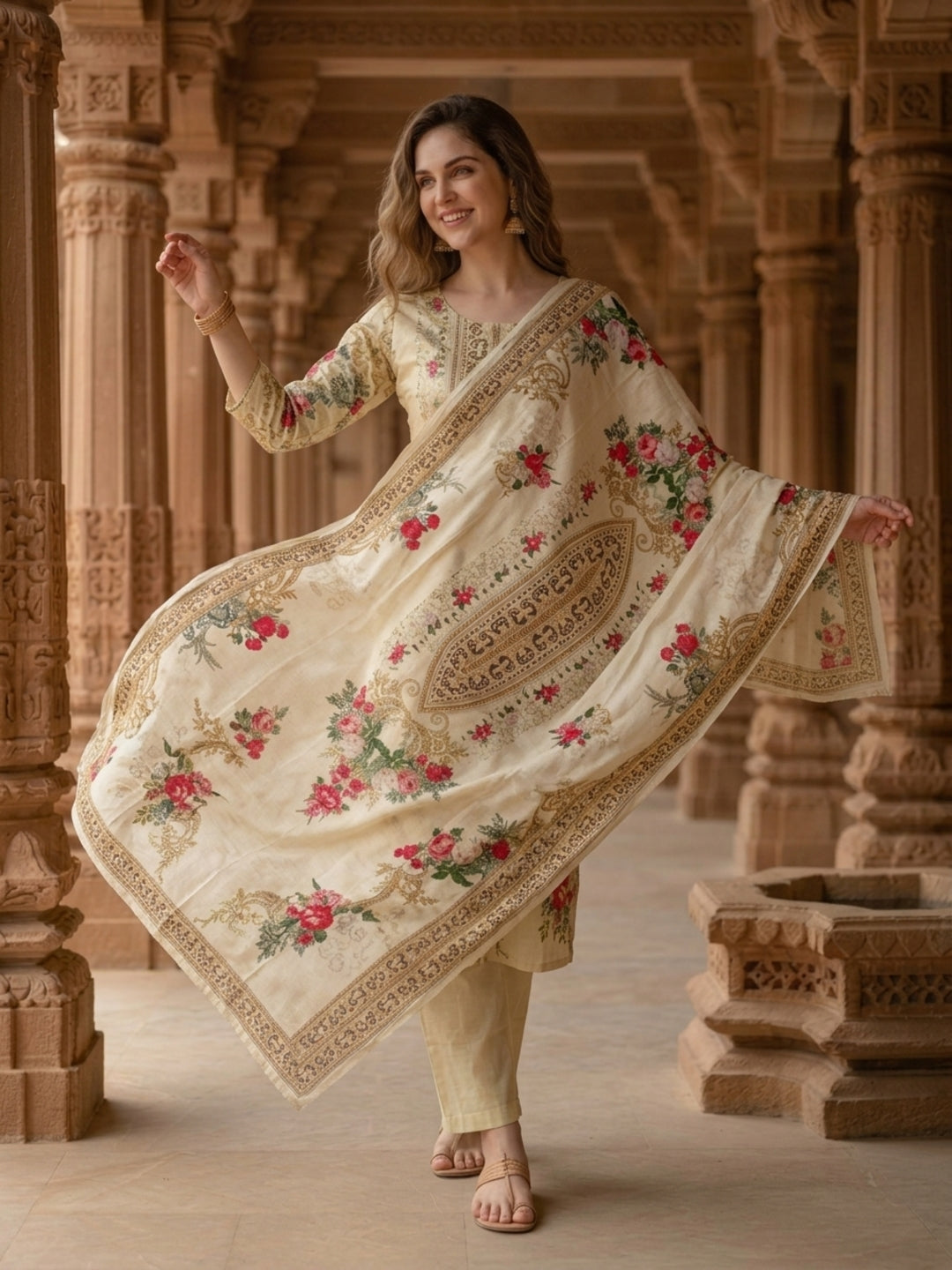 Cream Floral Crepe Kurta Set with Embroidery & Bead Work, Pants & Printed Dupatta