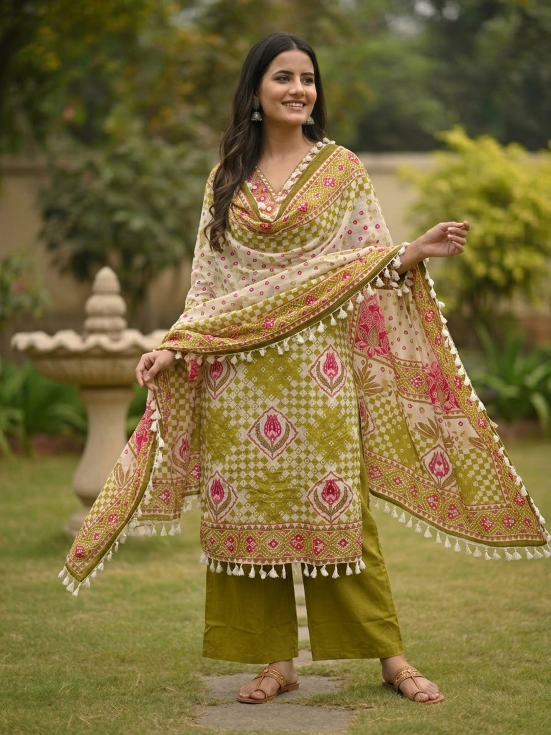 Green Ethnic Floral Printed Cotton Straight Kurta Set with Mirror Work, Tassel Accents, V-Neck, Palazzo & Printed Pure Cotton Crochet Lace Dupatta