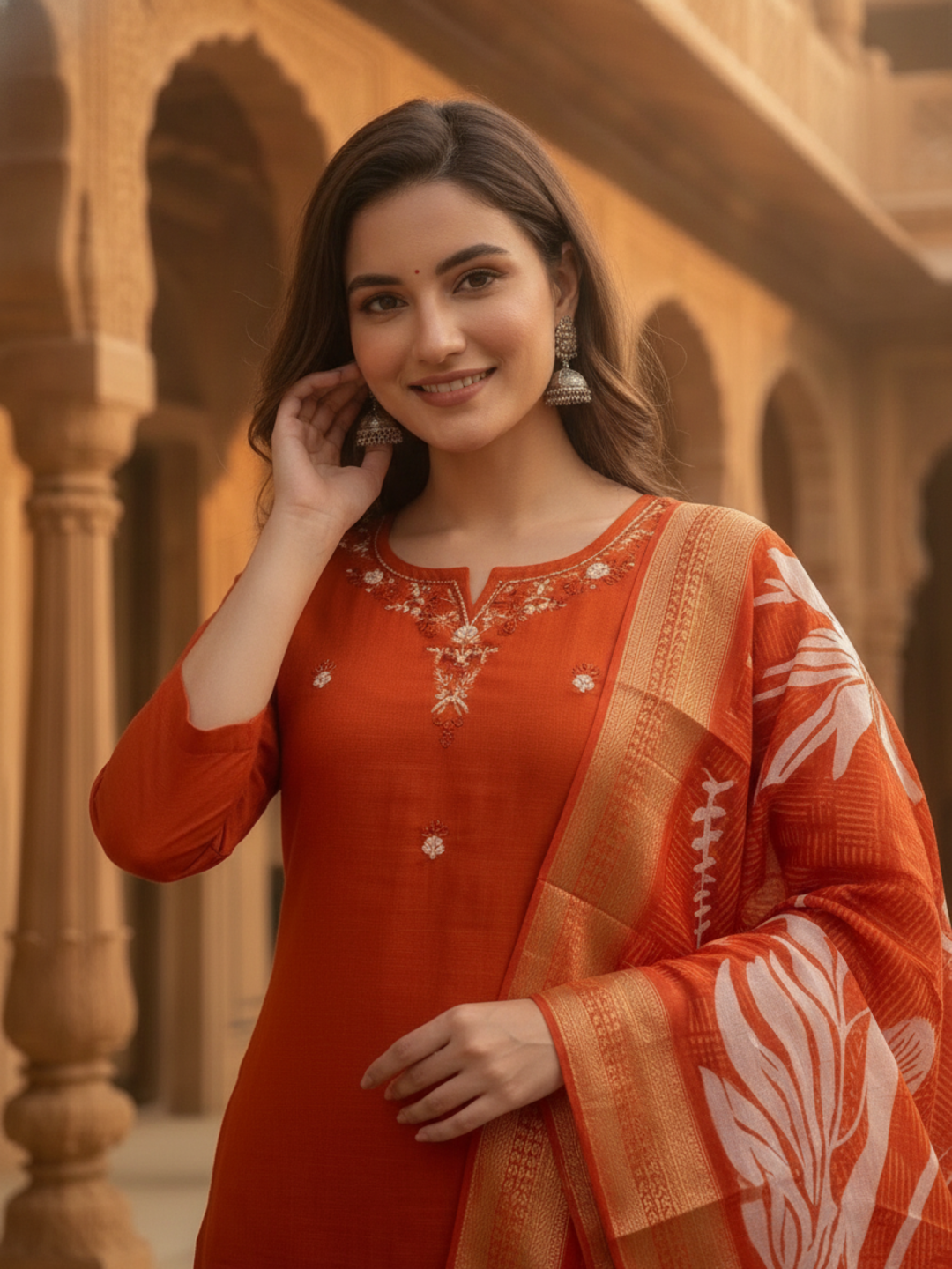 Rust Solid Muslin Silk Straight Kurta Set with Pearl & Threadwork Embroidery, Round Neck, Trouser & Poly Chanderi Self Design Tassel Dupatta