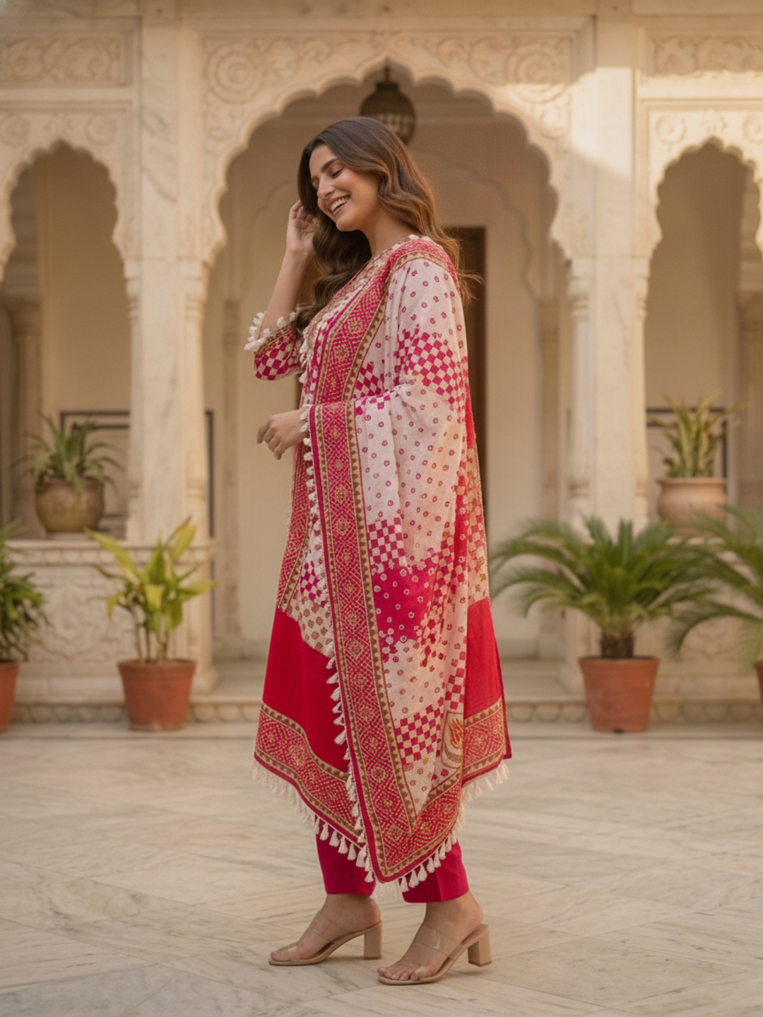 Rani Ethnic Floral Printed Cotton Straight Kurta Set with Mirror Work, Tassel Accents, V-Neck, Pink Palazzo & Printed Pure Cotton Crochet Lace Dupatta