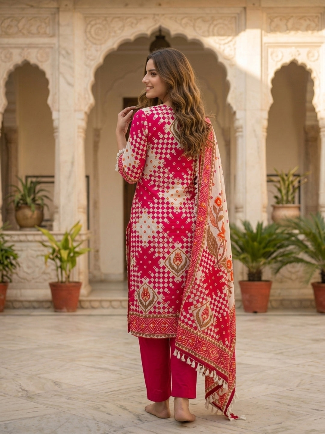 Rani Ethnic Floral Printed Cotton Straight Kurta Set with Mirror Work, Tassel Accents, V-Neck, Pink Palazzo & Printed Pure Cotton Crochet Lace Dupatta