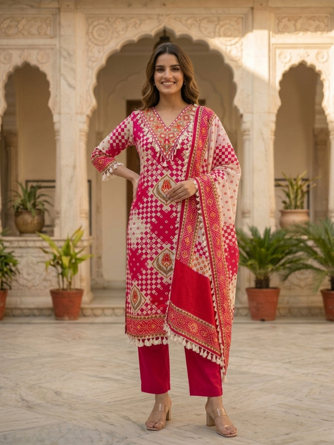 Rani Ethnic Floral Printed Cotton Straight Kurta Set with Mirror Work, Tassel Accents, V-Neck, Pink Palazzo & Printed Pure Cotton Crochet Lace Dupatta