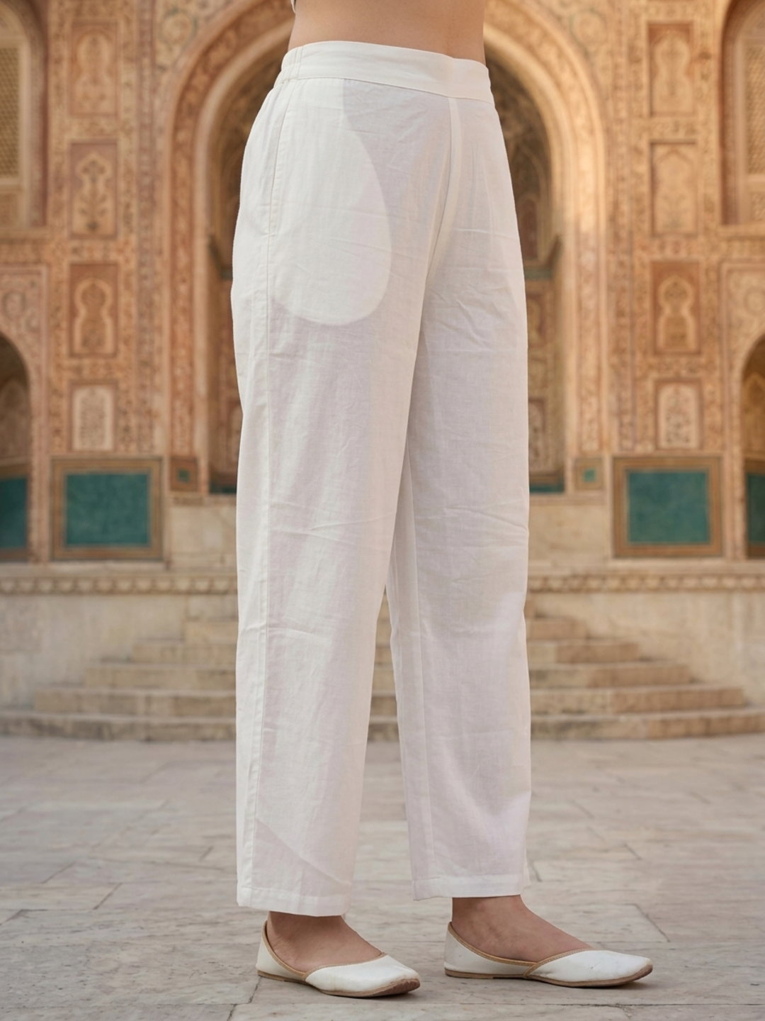 White Solid Cotton Straight Kurta Set with Chikankari Work, Palazzo & Solid Taping Dupatta