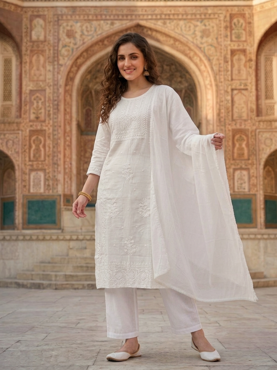 White Solid Cotton Straight Kurta Set with Chikankari Work, Palazzo & Solid Taping Dupatta