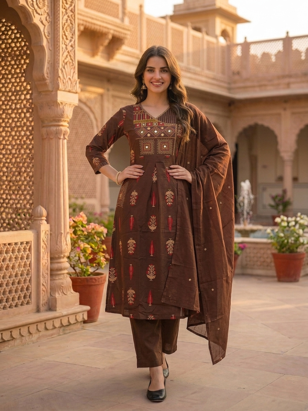 Dark Brown Floral Printed Cotton A-Line Kurta Set with Mirror & Threadwork Embroidery, Palazzo & Embroidered Cotton Dupatta