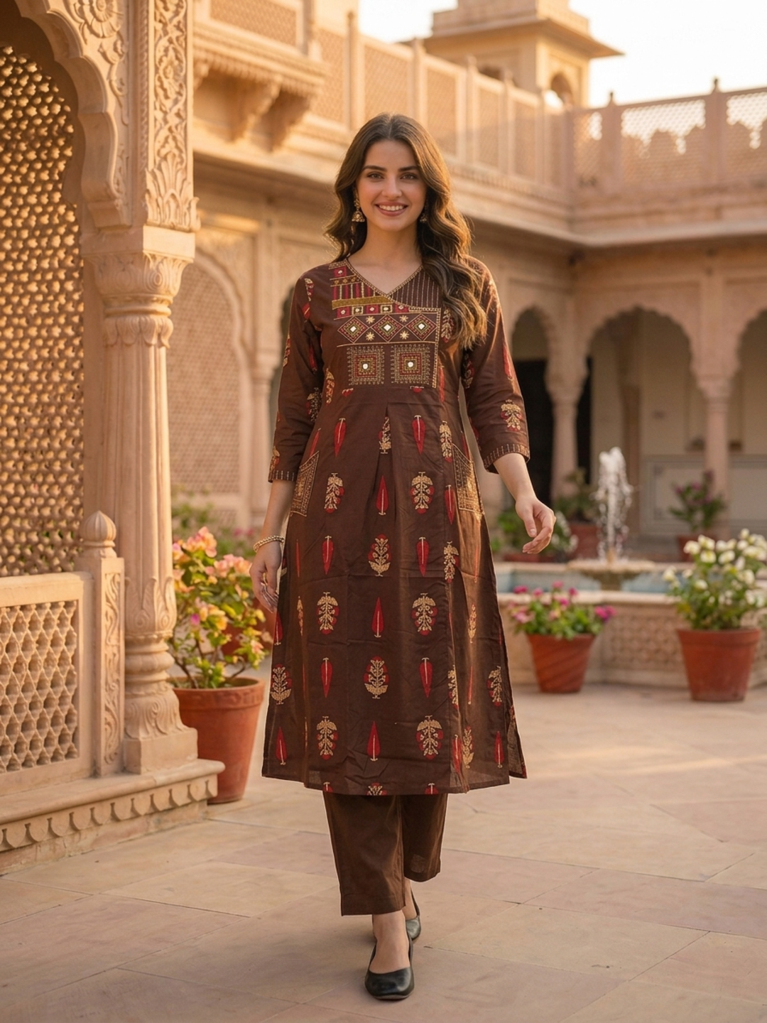 Dark Brown Floral Printed Cotton A-Line Kurta Set with Mirror & Threadwork Embroidery, Palazzo & Embroidered Cotton Dupatta