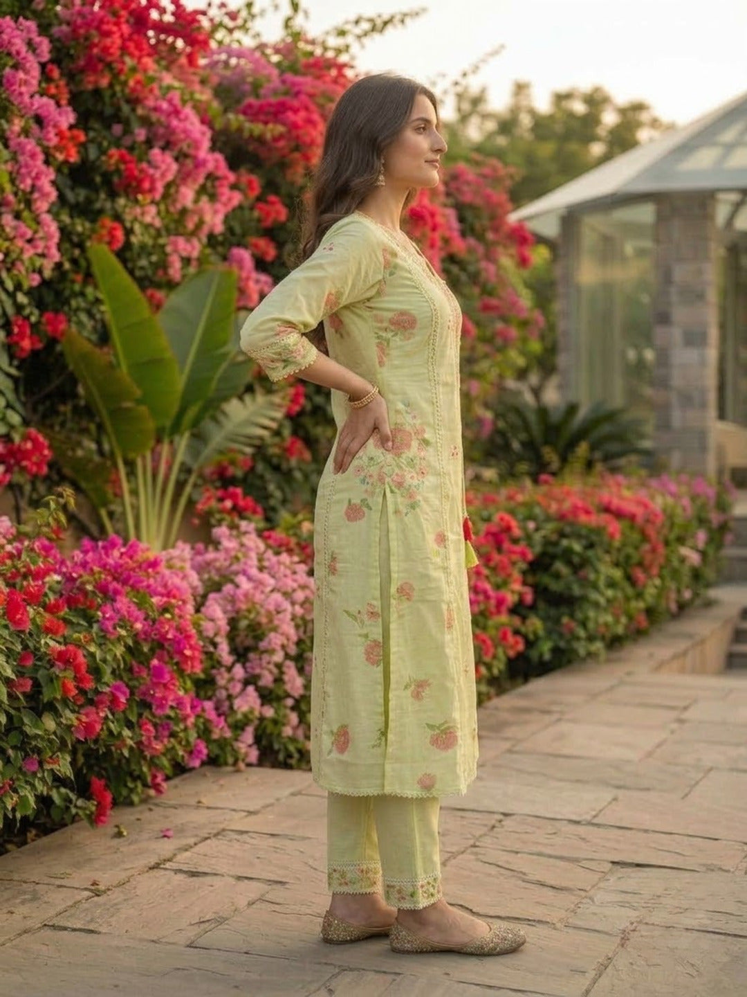 Pista Green Floral Printed Cotton A-Line Kurta Set with Mirror & Threadwork Embroidery, Pant & Crochet Dupatta