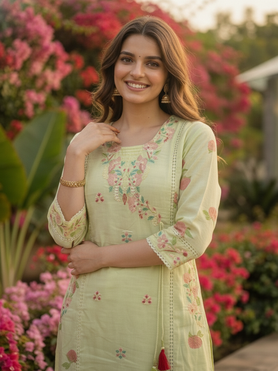Pista Green Floral Printed Cotton A-Line Kurta Set with Mirror & Threadwork Embroidery, Pant & Crochet Dupatta
