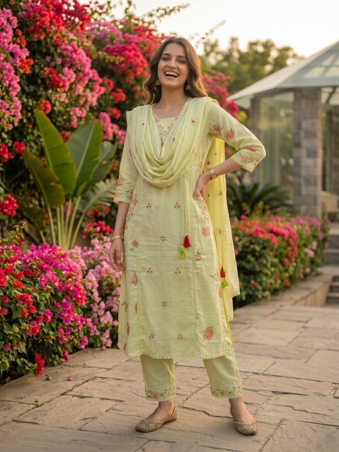 Pista Green Floral Printed Cotton A-Line Kurta Set with Mirror & Threadwork Embroidery, Pant & Crochet Dupatta