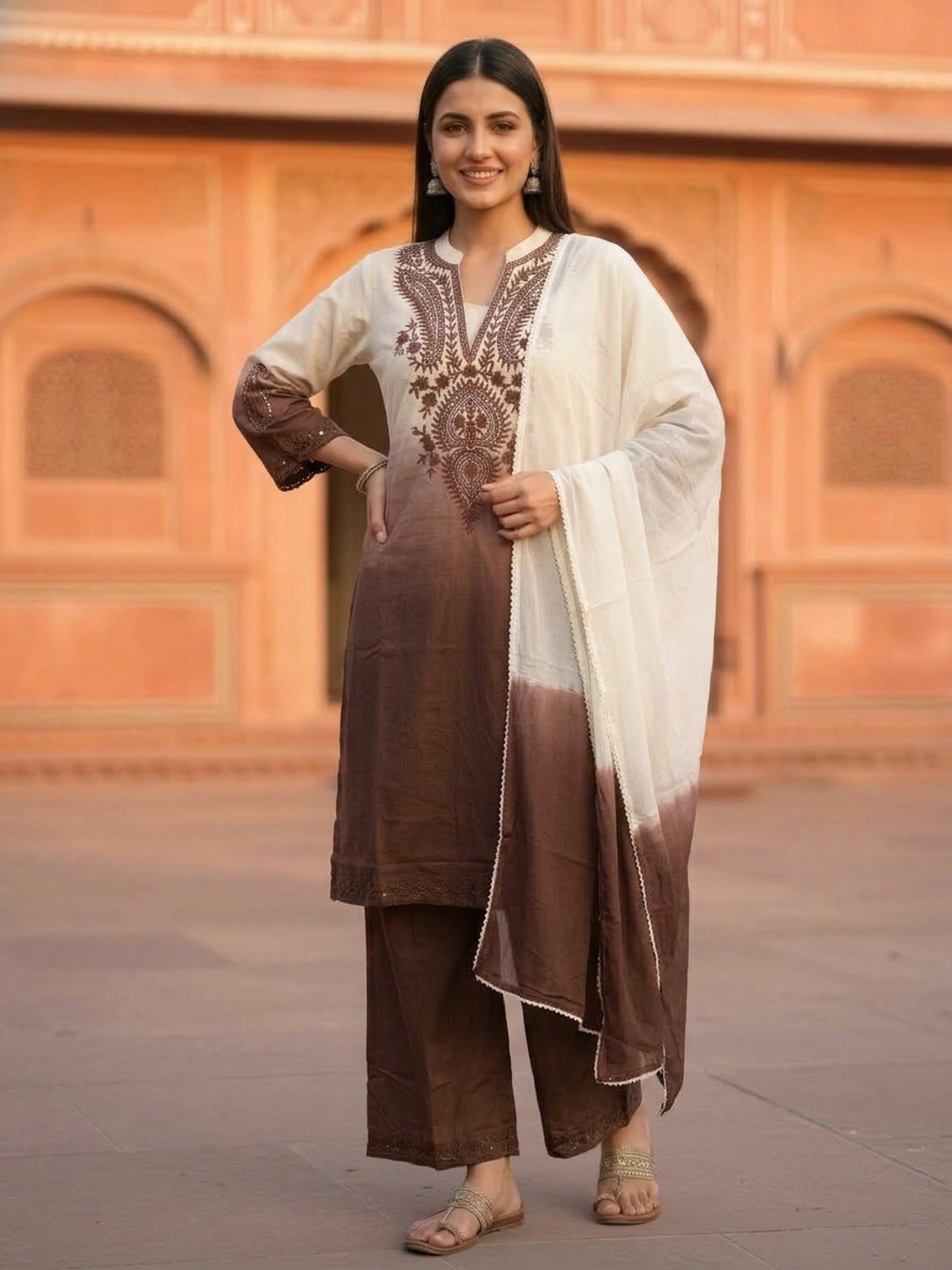 Brown Ombre Cotton A-Line Kurta Set with Floral Mirror Work Embroidery, Palazzo & Taping Dupatta