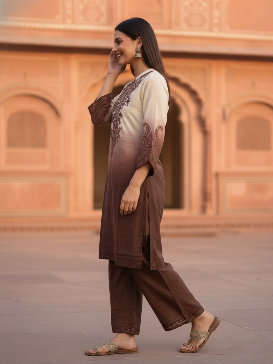 Brown Ombre Cotton A-Line Kurta Set with Floral Mirror Work Embroidery, Palazzo & Taping Dupatta