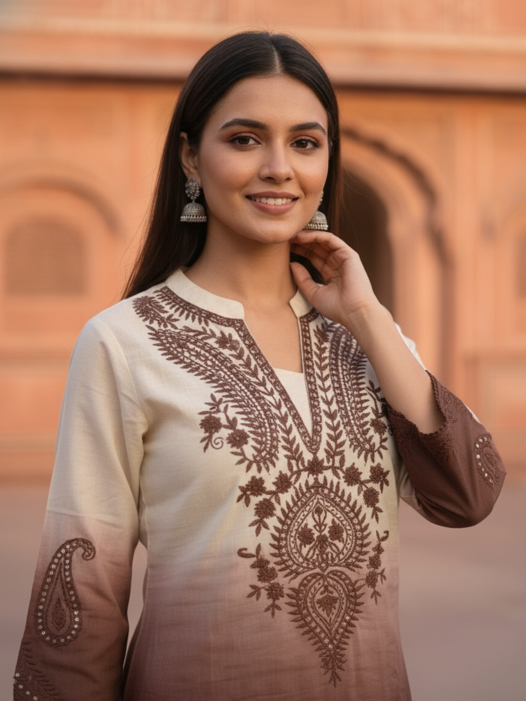 Brown Ombre Cotton A-Line Kurta Set with Floral Mirror Work Embroidery, Palazzo & Taping Dupatta
