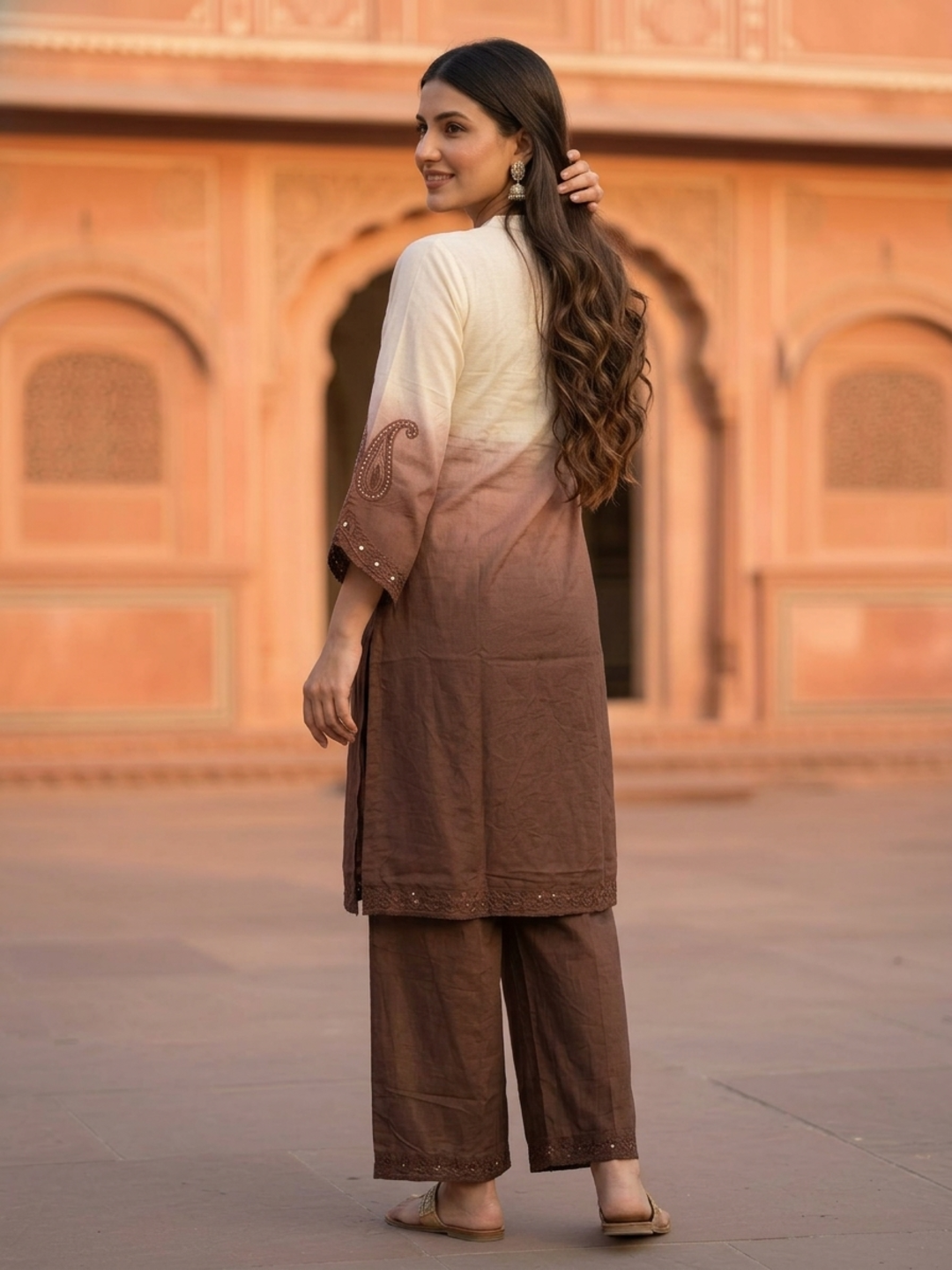Brown Ombre Cotton A-Line Kurta Set with Floral Mirror Work Embroidery, Palazzo & Taping Dupatta