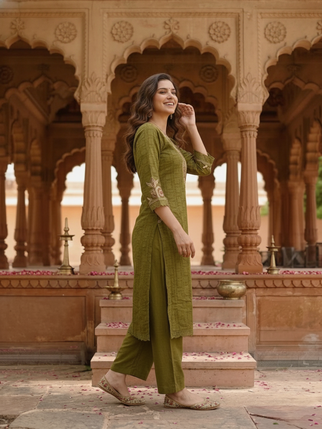 Olive Green Solid Cotton A-Line Kurta Set with Foil Mirror & Threadwork Embroidery, Round Neck, Palazzo & Pure Cotton Tassel Dupatta