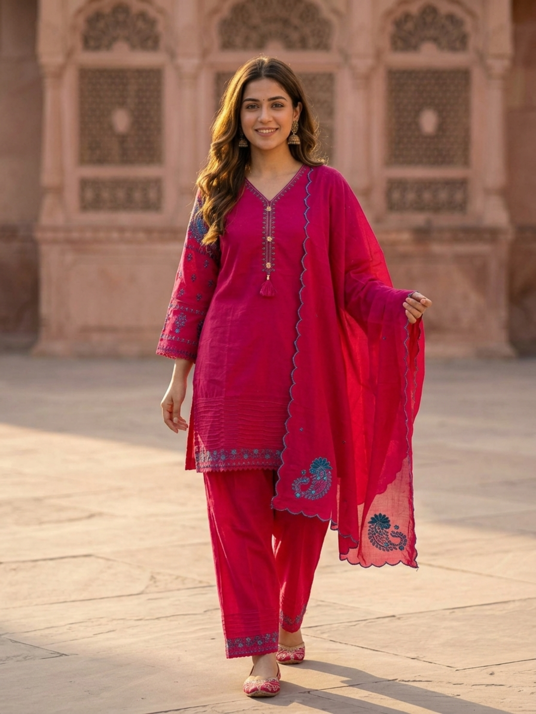 Magenta Pink Solid Cotton Straight Kurta Set with Ethnic Embroidery, Salwar & Embroidered Cotton Dupatta