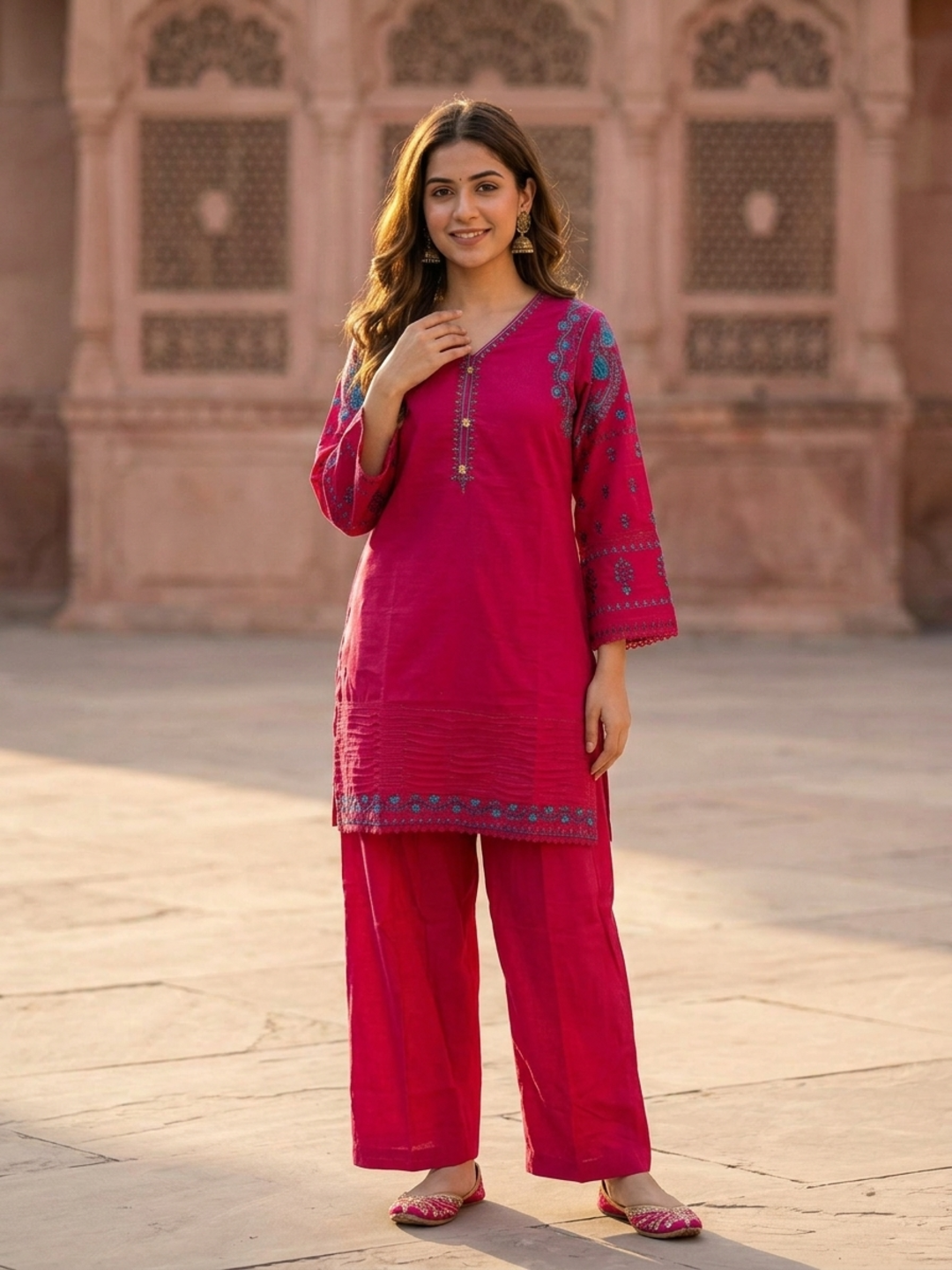 Magenta Pink Solid Cotton Straight Kurta Set with Ethnic Embroidery, Salwar & Embroidered Cotton Dupatta